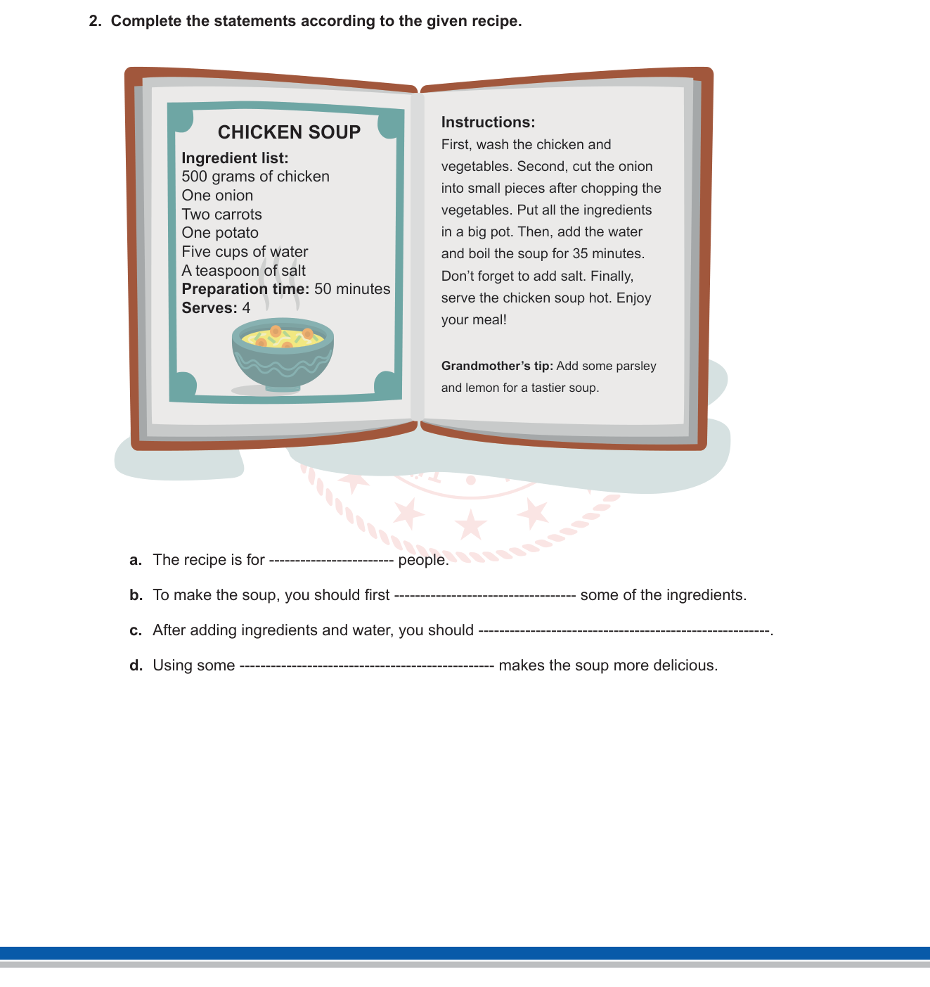 İngilizce sorusu 2 — Yemek tarifi okuma ve cümle tamamlama (reading a recipe — sentence completion)