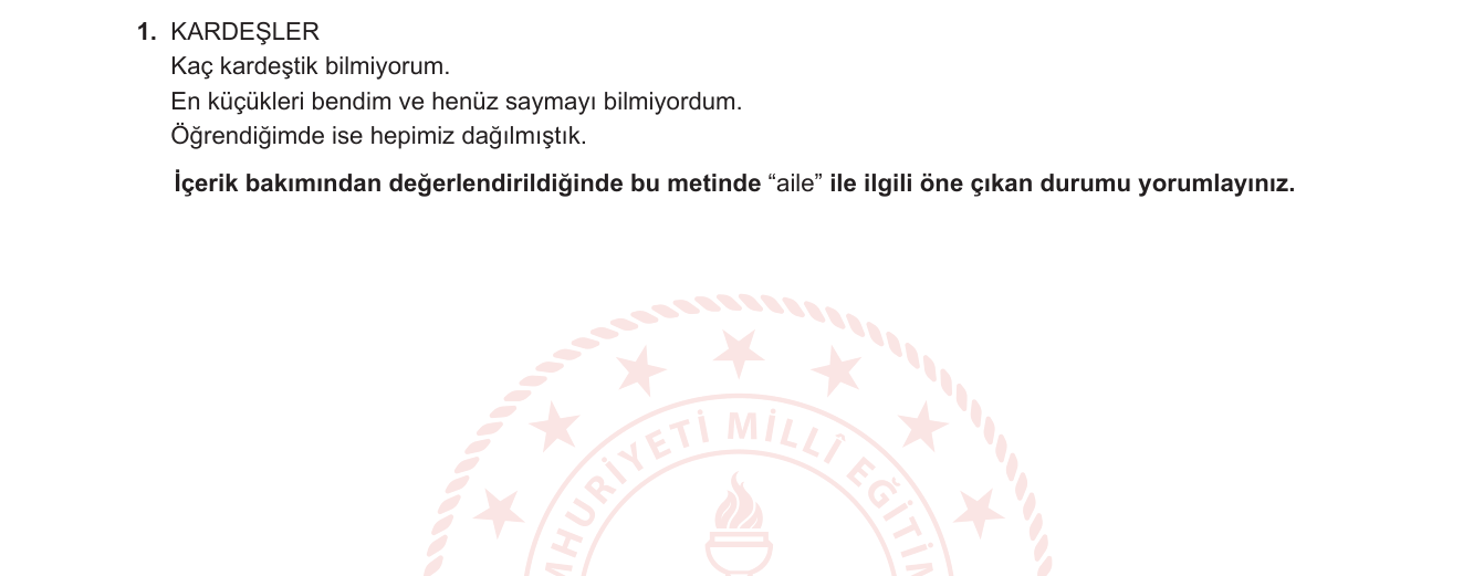 Türk Dili ve Edebiyatı sorusu 2 — Şiir anlama, tema ve içerik yorumu — aile kavramı (12. sınıf Türk Dili ve Edebiyatı)
