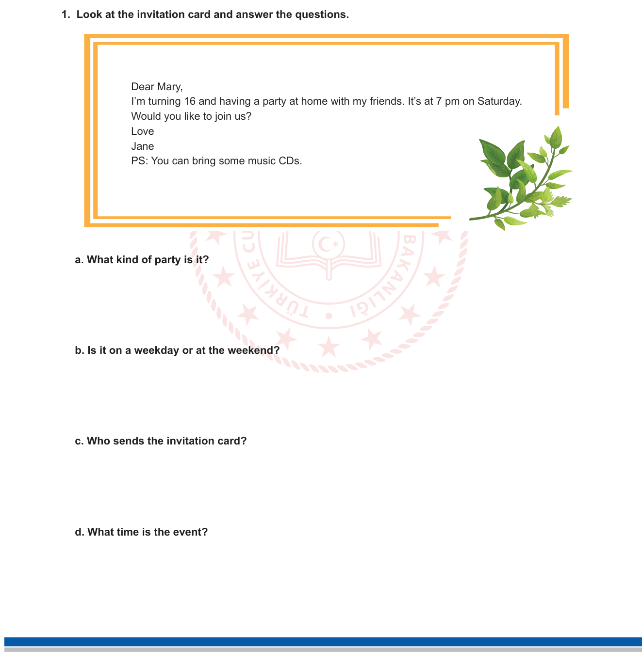 İngilizce sorusu 9 — Reading Comprehension – Invitation Cards / Celebrations
