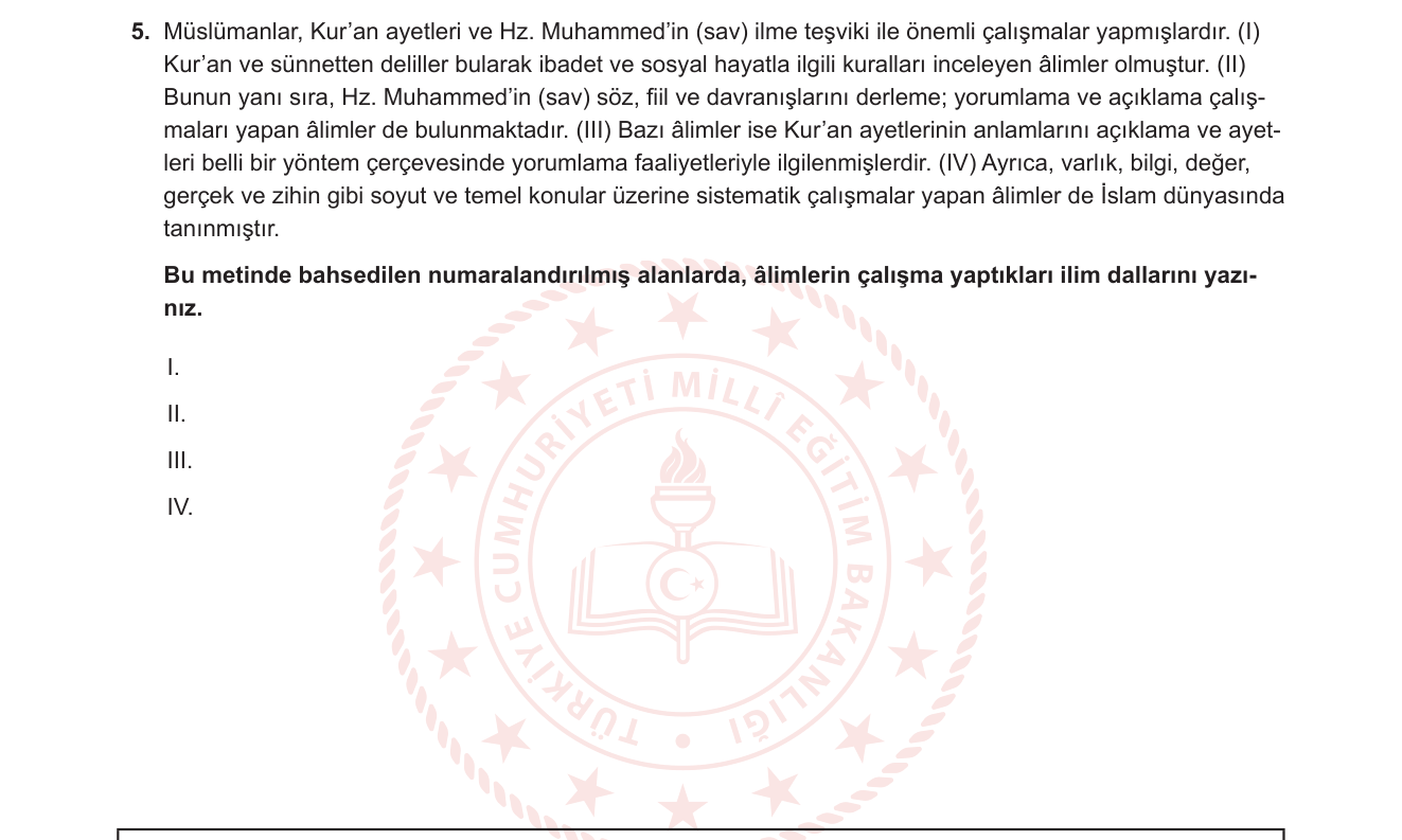 Din Kültürü ve Ahlak Bilgisi sorusu 5 — İslam bilimleri – Tefsir, Hadis, Fıkıh, Kelam