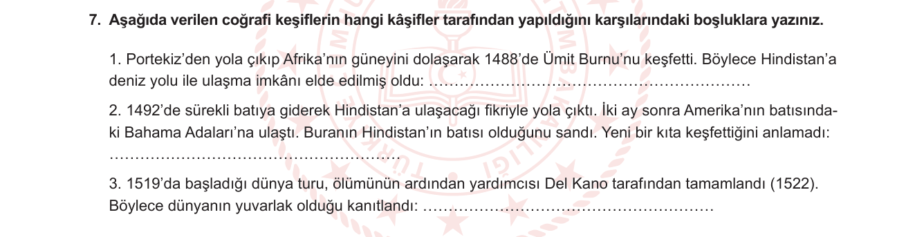 Sosyal Bilgiler sorusu 10 — Coğrafi keşifler — keşifçiler ve güzergahlar