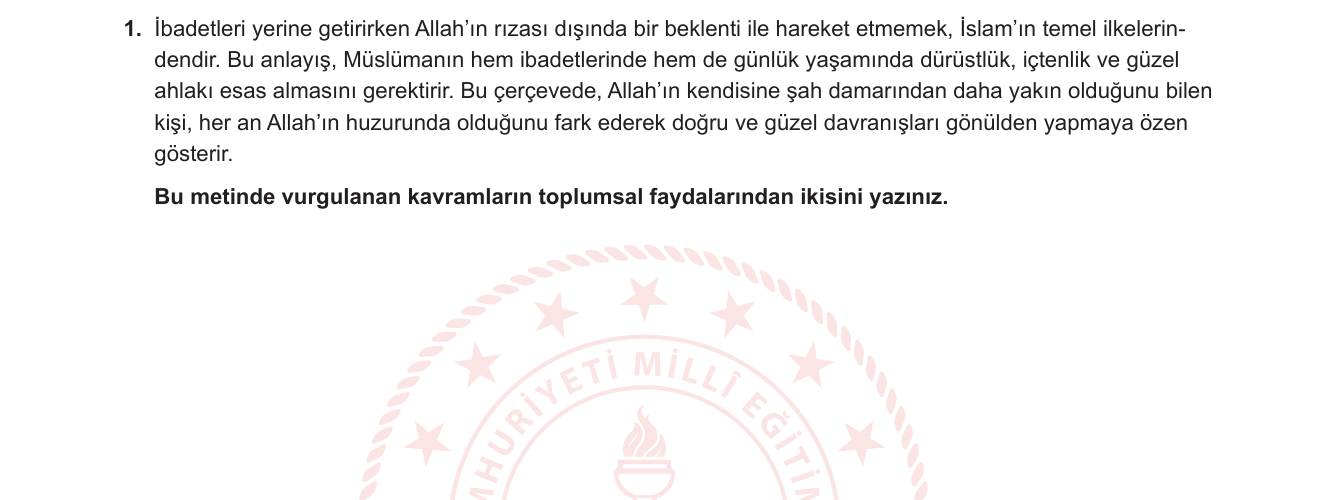 Din Kültürü ve Ahlak Bilgisi sorusu 1 — İslam ahlakı — ihlâs, takva ve toplumsal etkileri