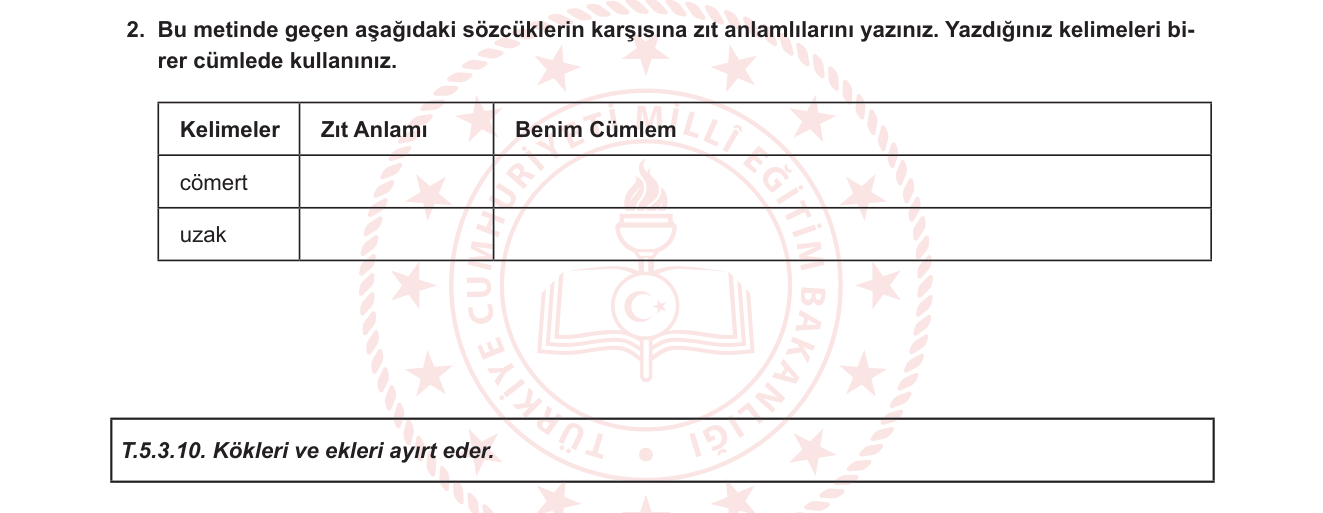 Türkçe sorusu 15 — Sözcük anlam bilgisi — zıt anlamlı (karşıt anlamlı) sözcükler