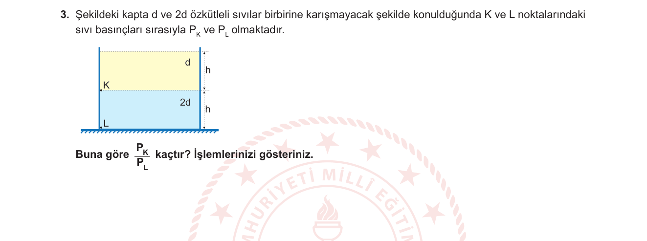 Fizik sorusu 3 — Çok katmanlı sıvı basıncı, hidrostatik denge