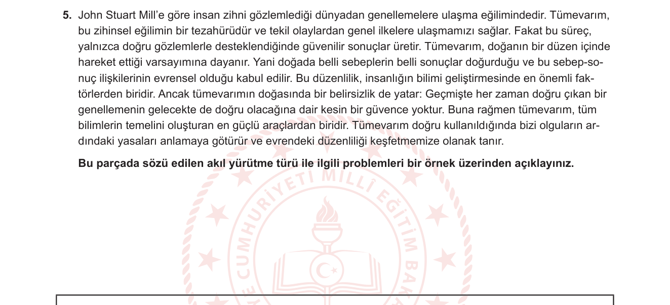 Felsefe sorusu 5 — Bilgi Felsefesi — Tümevarım (İnduktif Akıl Yürütme) ve Tümevarımın Sınırlılıkları (10. Sınıf Felsefe)