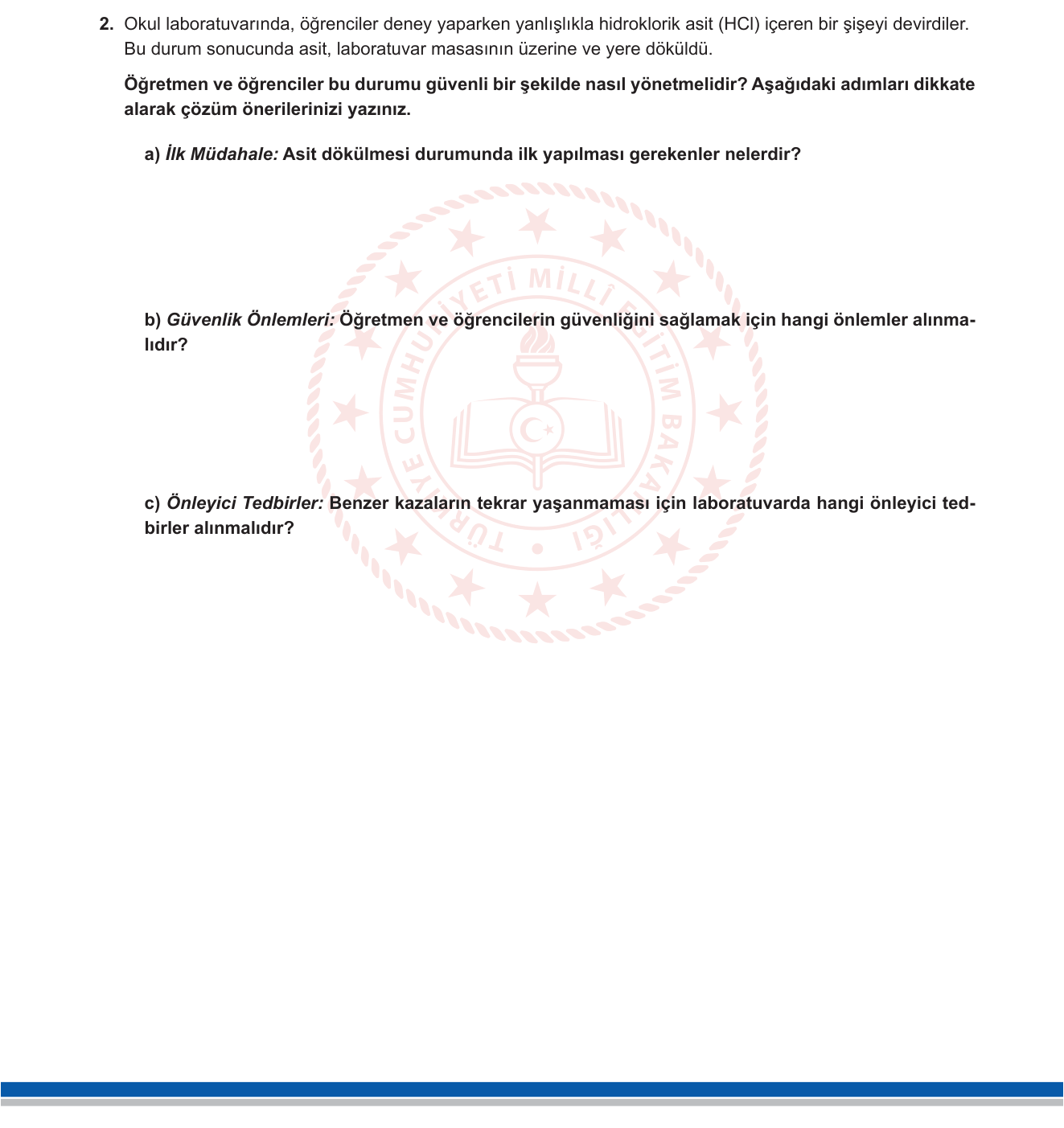 Kimya sorusu 2 — Laboratuvar güvenliği; asit-baz nötralizasyonu; kimyasal madde güvenliği