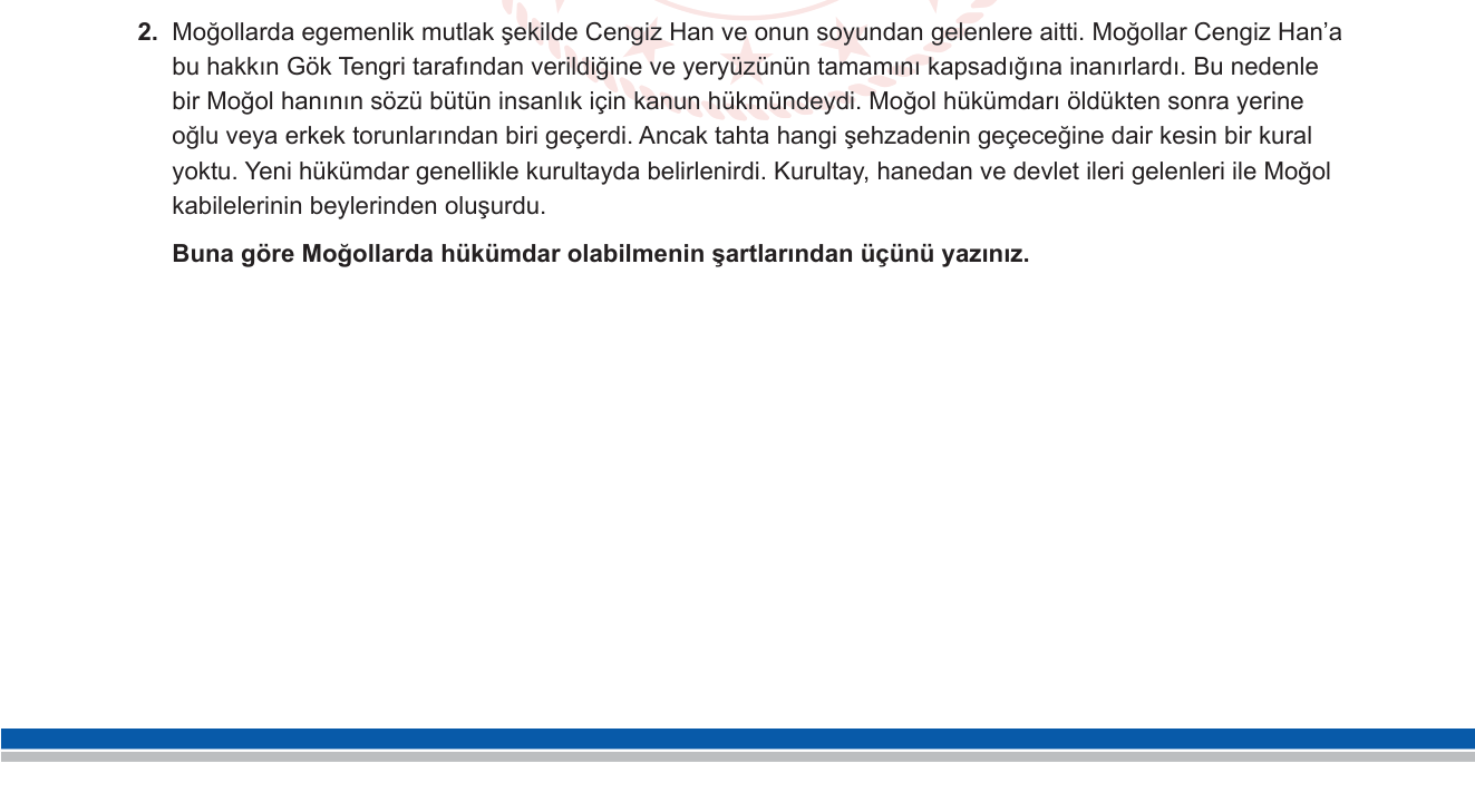 Tarih sorusu 8 — Moğol İmparatorluğu — Hükümdarlık Sistemi ve Veraset