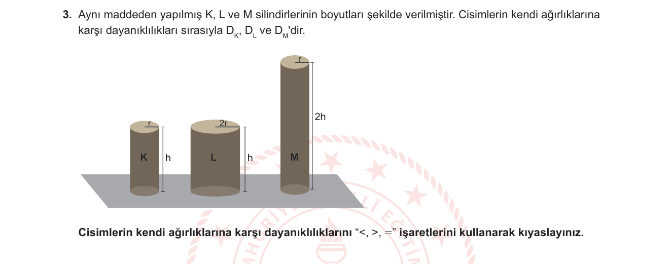 Fizik sorusu 17 — Madde ve Özellikleri — Boyutsal Ölçekleme, Yapısal Dayanıklılık (Silindirik Cisimler)