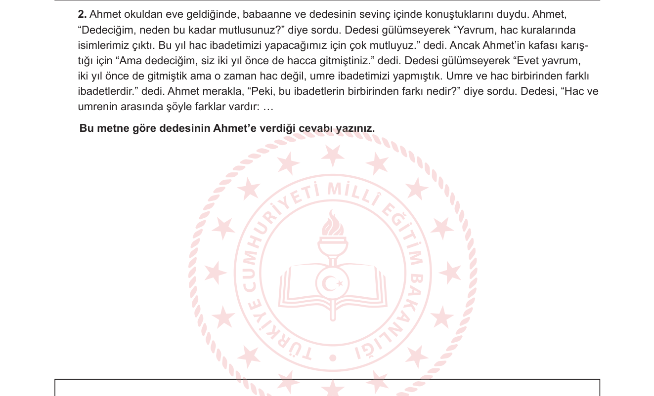 Din Kültürü ve Ahlak Bilgisi sorusu 2 — Hac ve Umre İbadetleri (7. Sınıf Din Kültürü)