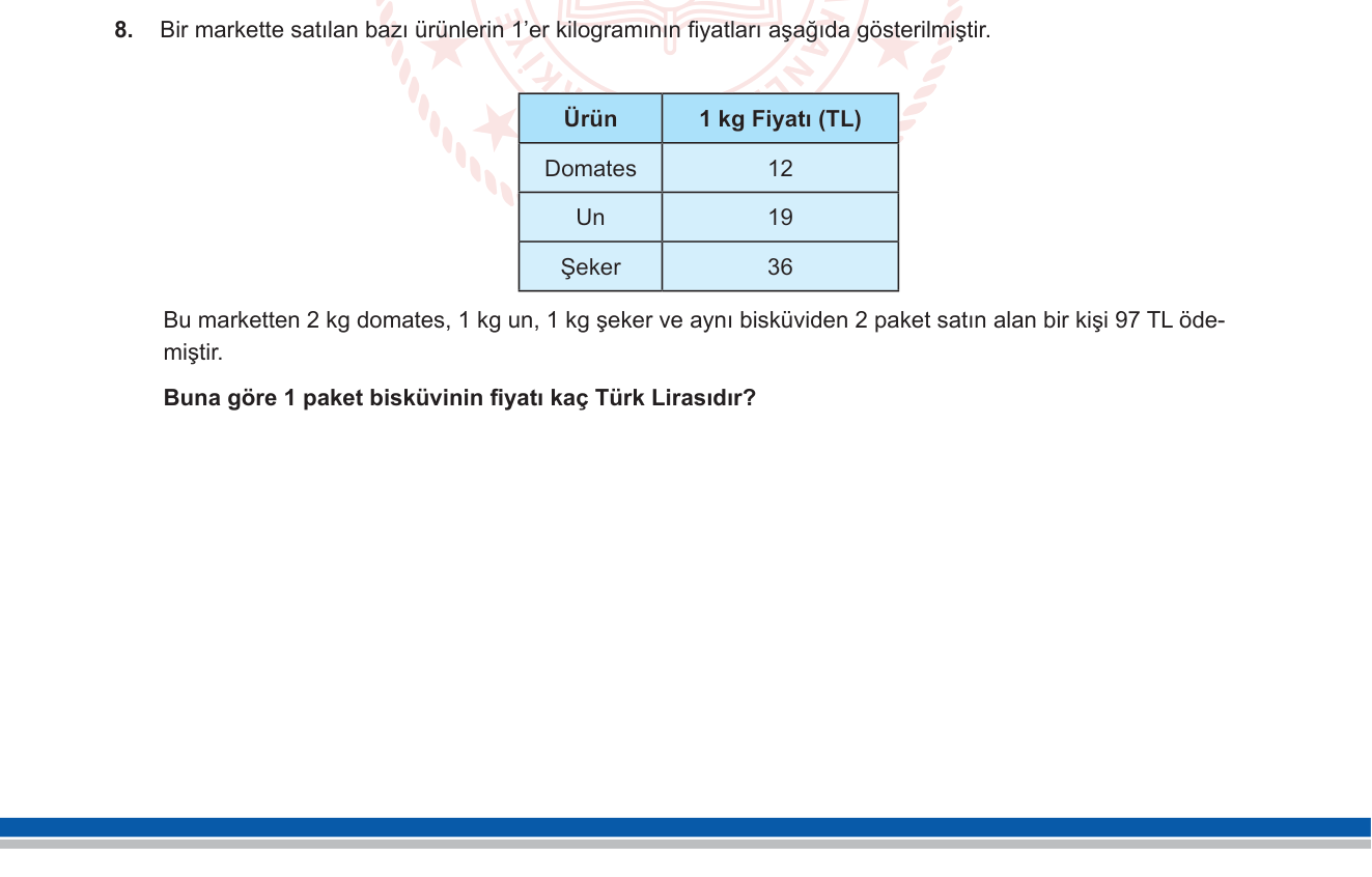 Matematik sorusu 22 — Doğal Sayılarla Dört İşlem / Problem Çözme
