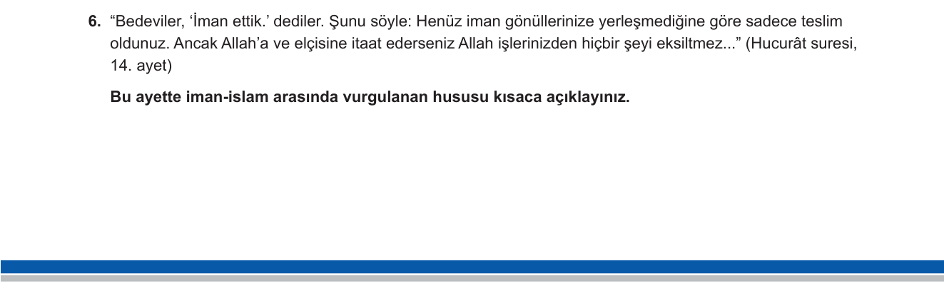 Din Kültürü ve Ahlak Bilgisi sorusu 13 — İman ve İslam Kavramları / Hucurât Suresi / İmanın Şartları
