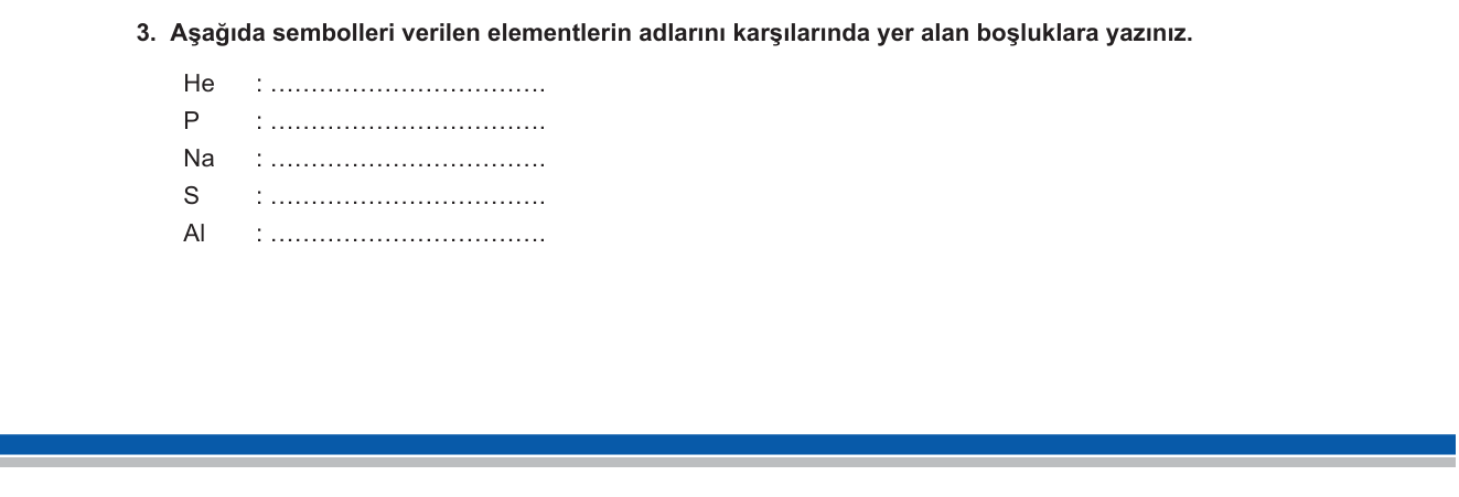 Kimya sorusu 3 — Element sembolleri ve Türkçe adları — periyodik tablo