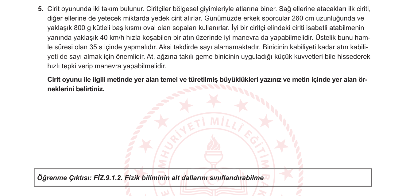 Fizik sorusu 5 — Temel ve türetilmiş fiziksel büyüklükler, SI birim sistemi