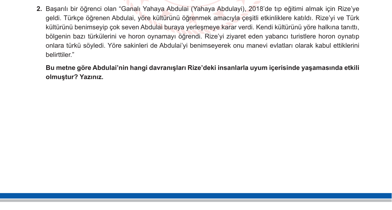 Sosyal Bilgiler sorusu 2 — Sosyal Bilgiler - Birey ve Toplum - Kültürel Uyum - Farklı Kültürlere Saygı - Birlikte Yaşama