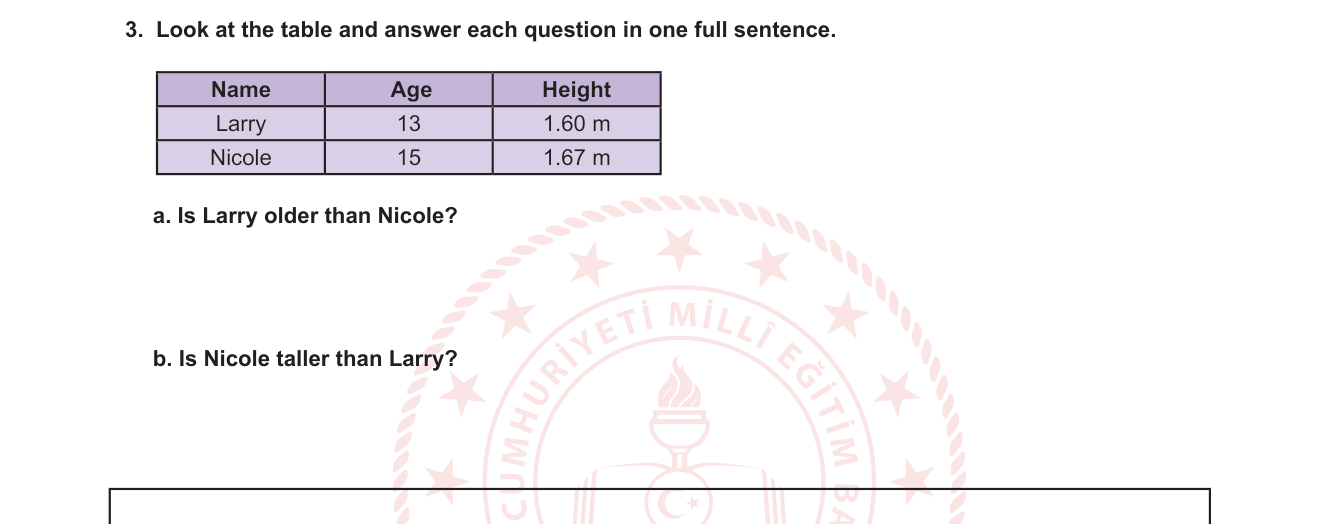 İngilizce sorusu 5 — Karşılaştırma sıfatları (Comparative Adjectives) — tablo okuma ve tam cümle