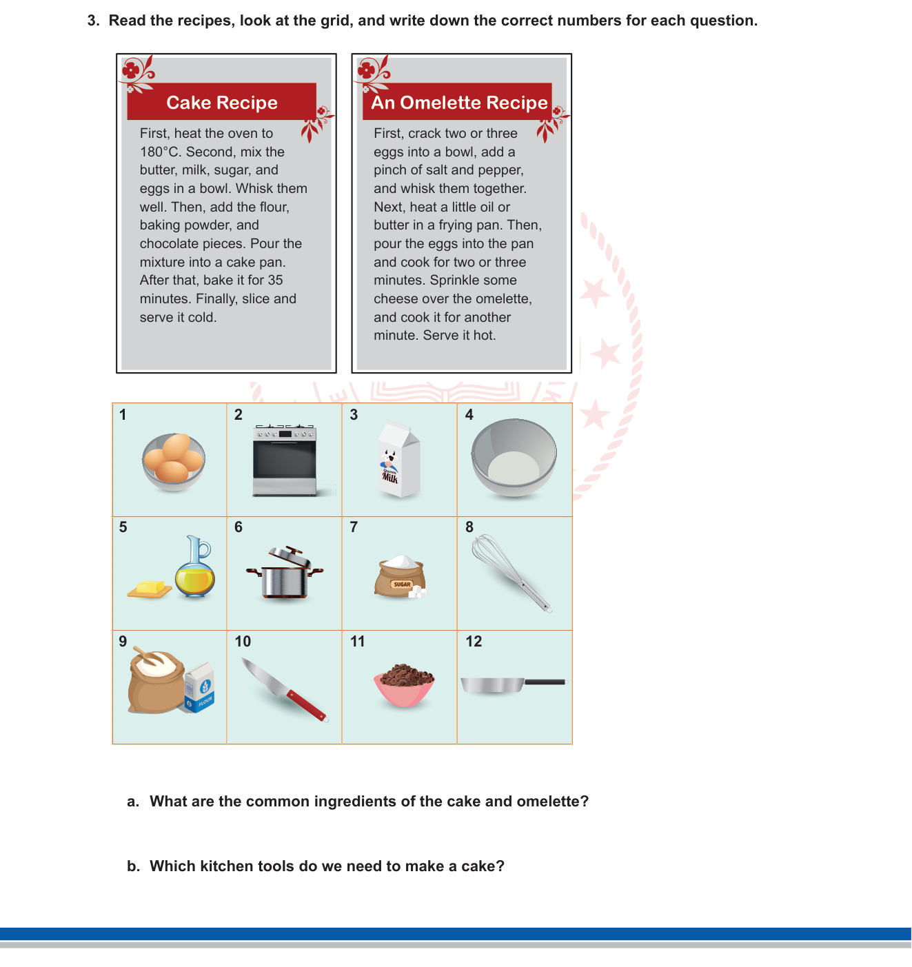 İngilizce sorusu 4 — İki tarif karşılaştırma, ortak malzeme bulma, mutfak araçları eşleştirme