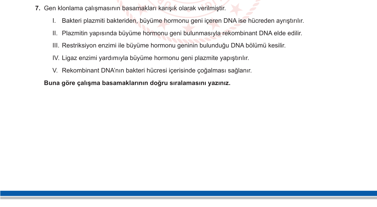Biyoloji sorusu 16 — Biyoteknoloji — Gen klonlama basamakları