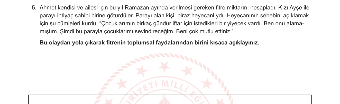 Din Kültürü ve Ahlak Bilgisi sorusu 7 — Zekat ve Fitre — Toplumsal Faydaları (5. Sınıf Din Kültürü ve Ahlak Bilgisi)
