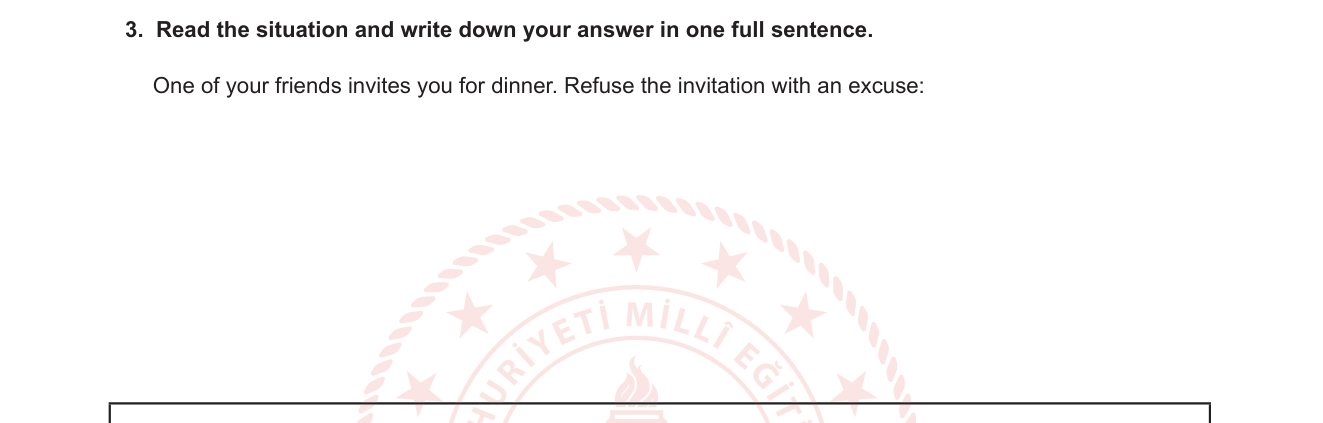İngilizce sorusu 5 — Writing — refusing invitations; excuse expressions; sentence structure with 'because/but'