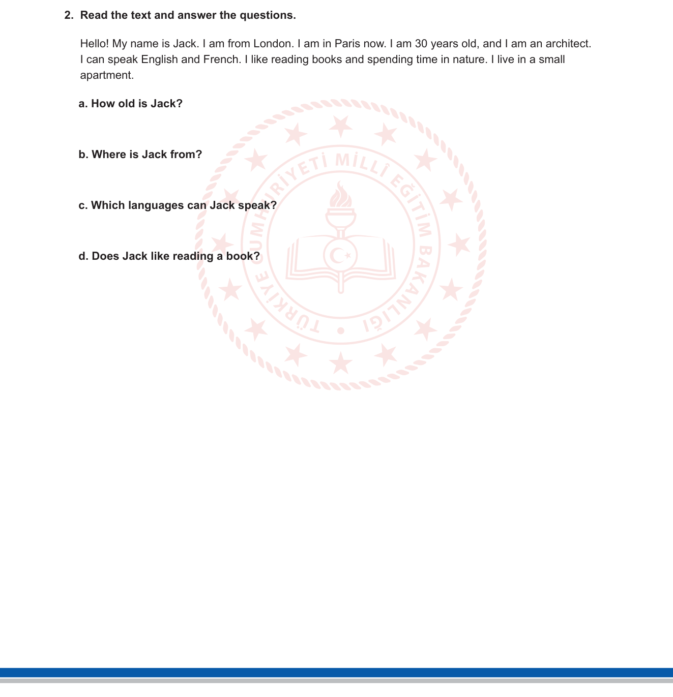 İngilizce sorusu 7 — Reading Comprehension — Short Answer Questions / Personal Information (Kişisel Tanıtım)