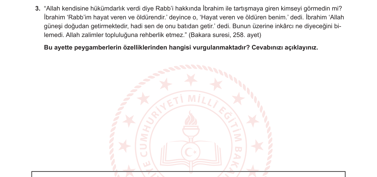 Din Kültürü ve Ahlak Bilgisi sorusu 2 — Peygamberlere İman — Peygamberlerin Sıfatları (Fetanet), Hz. İbrahim