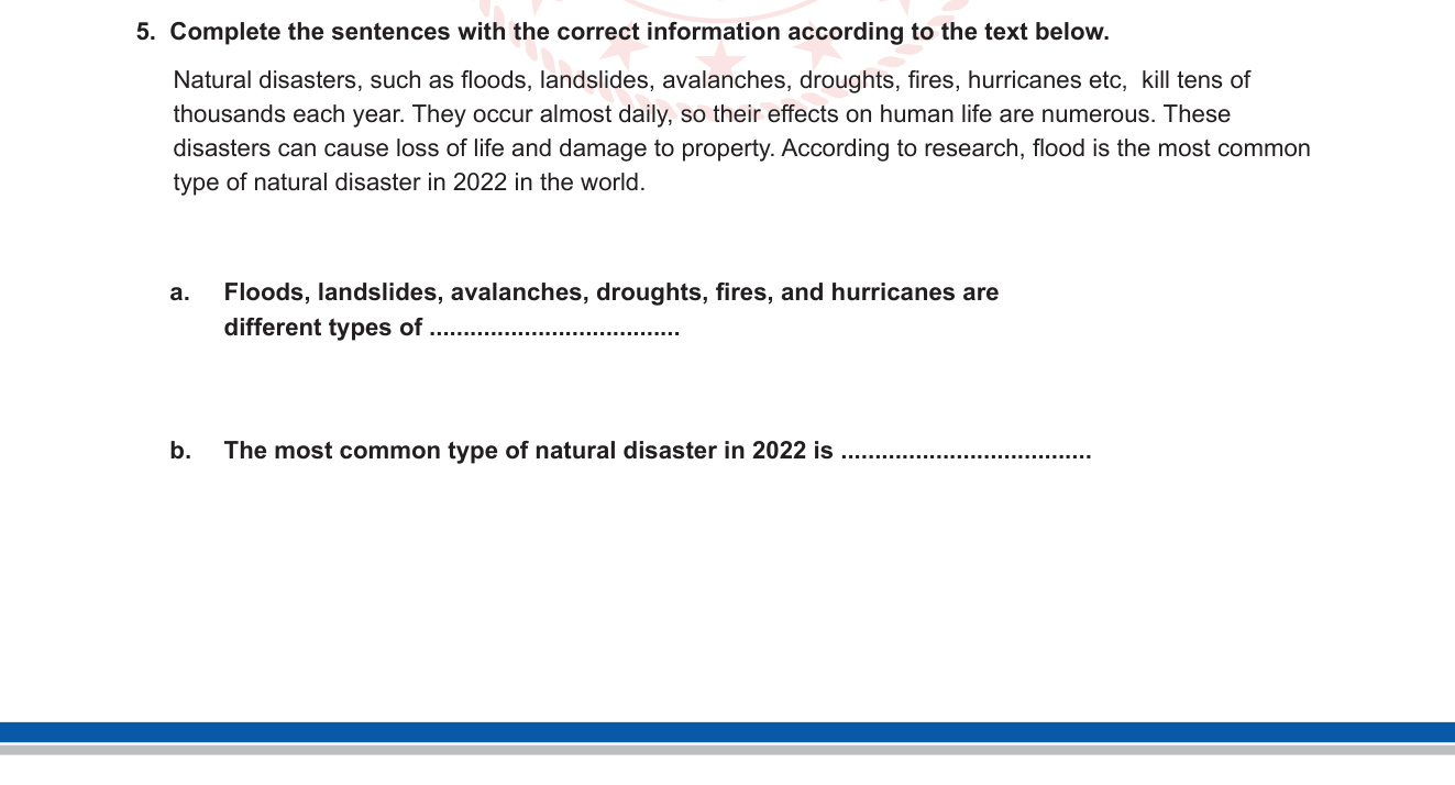 İngilizce sorusu 12 — Reading Comprehension – Natural Disasters / Sentence completion from text (Doğal afetler, metin tamamlama)