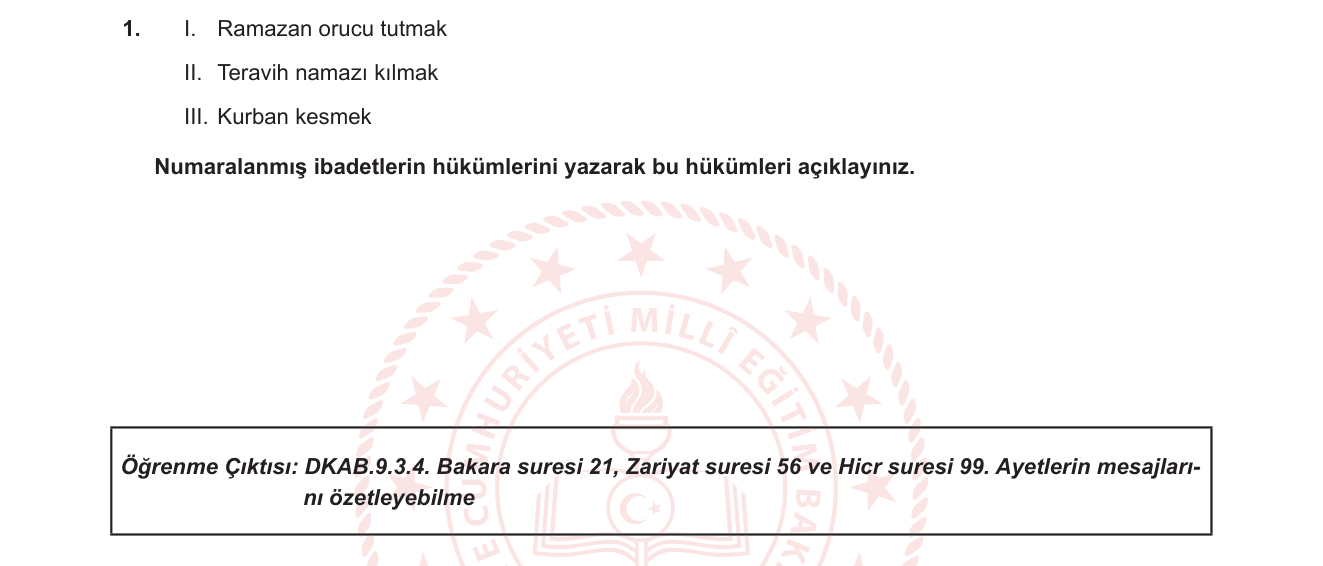 Din Kültürü ve Ahlak Bilgisi sorusu 1 — İbadetlerin fıkhi hükümleri (farz, vacip, sünnet) — İslam'ın şartları ve ibadet anlayışı