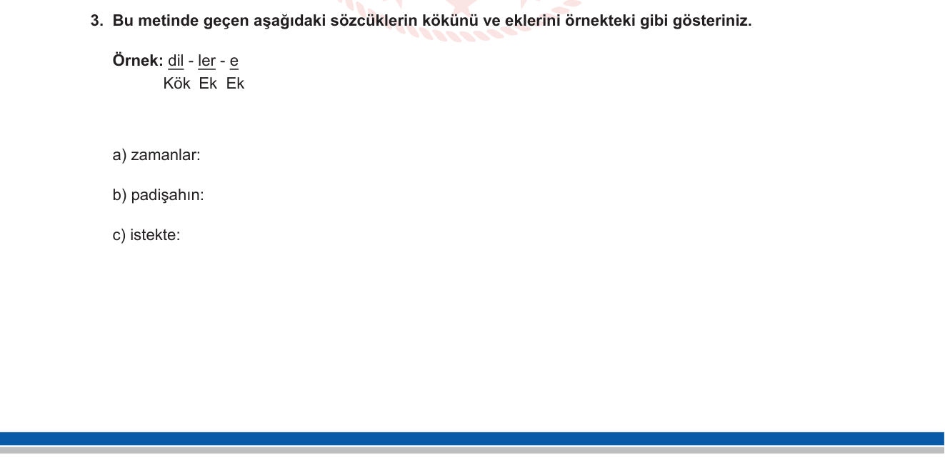 Türkçe sorusu 16 — Sözcük bilgisi — kök ve ek ayrımı (çekim ekleri: çoğul, hâl, iyelik)
