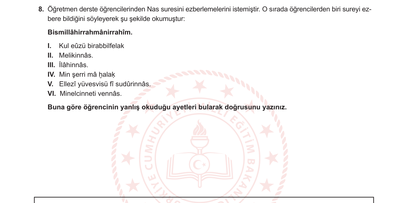Din Kültürü ve Ahlak Bilgisi sorusu 9 — Nas suresi metni / Sure ezberi / Felak-Nas karşılaştırması