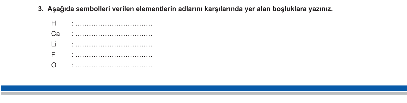 Kimya sorusu 12 — Element sembolleri ve Türkçe adları — periyodik tablo