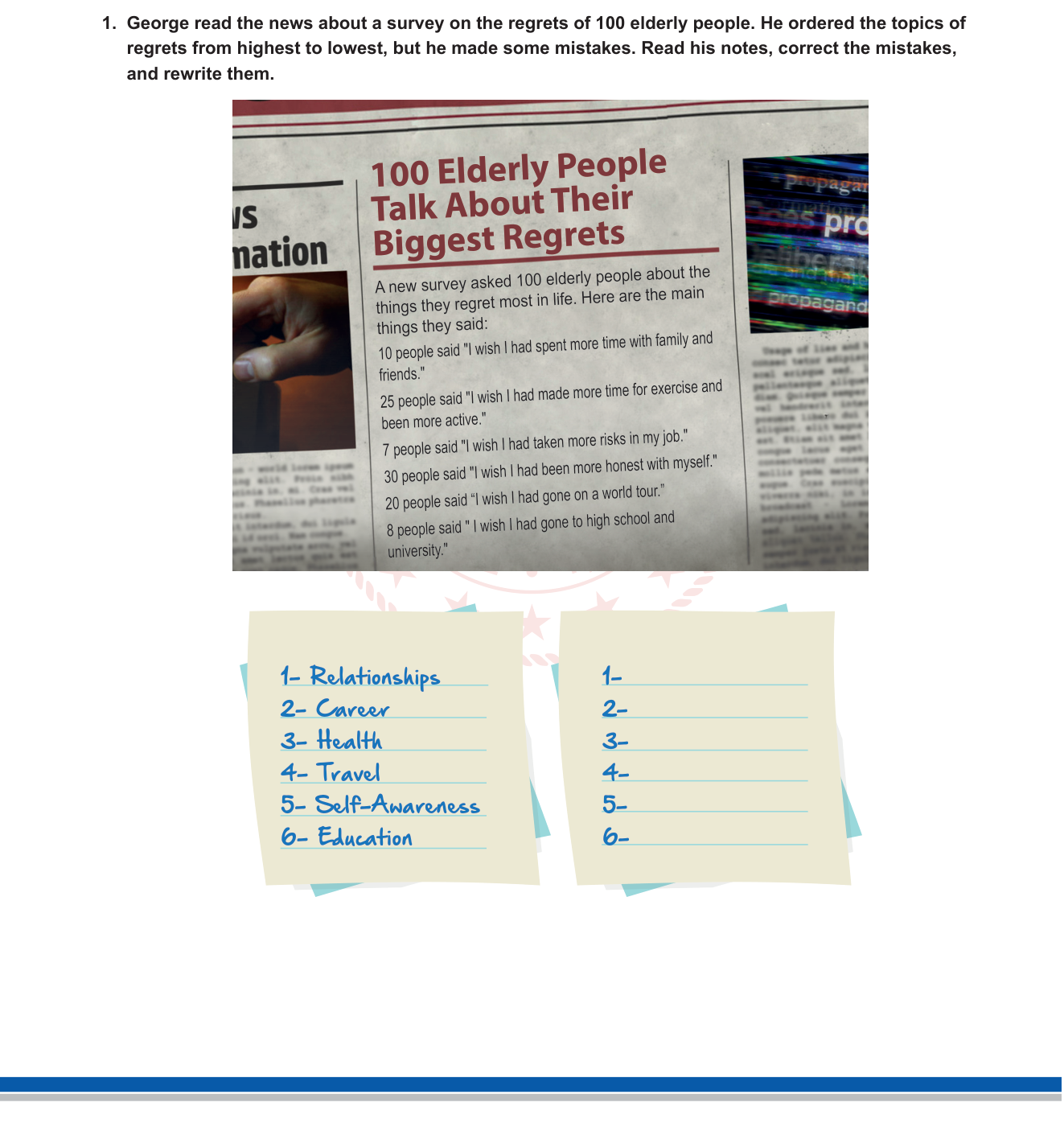 İngilizce sorusu 1 — İngilizce — Reading / Scanning + Ranking (biggest regrets; sayıları okuyup sıralama)