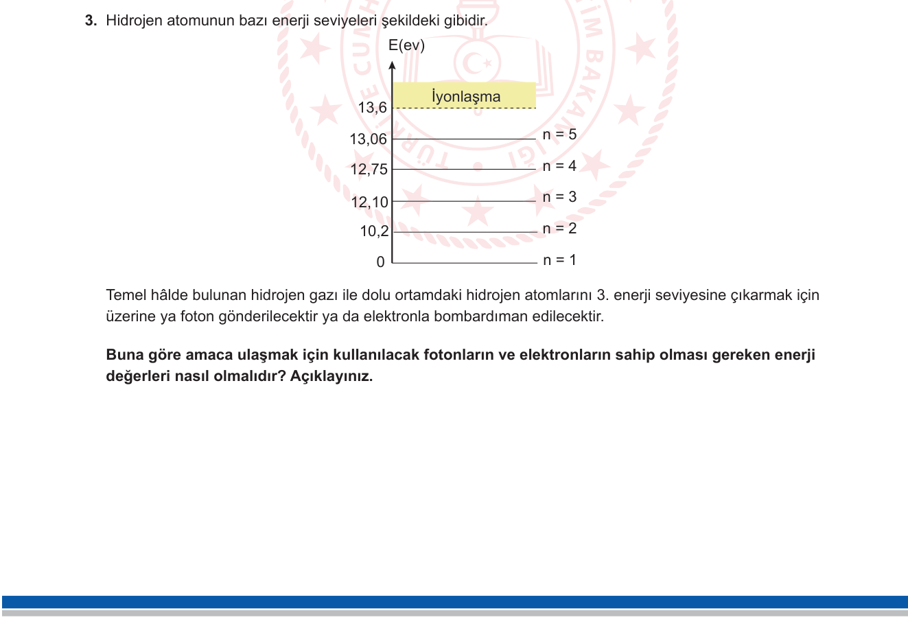 Fizik sorusu 4 — Atom Fiziği — Hidrojen Enerji Seviyeleri, Foton Absorpsiyonu ve Elektron Çarpışması ile Uyarma