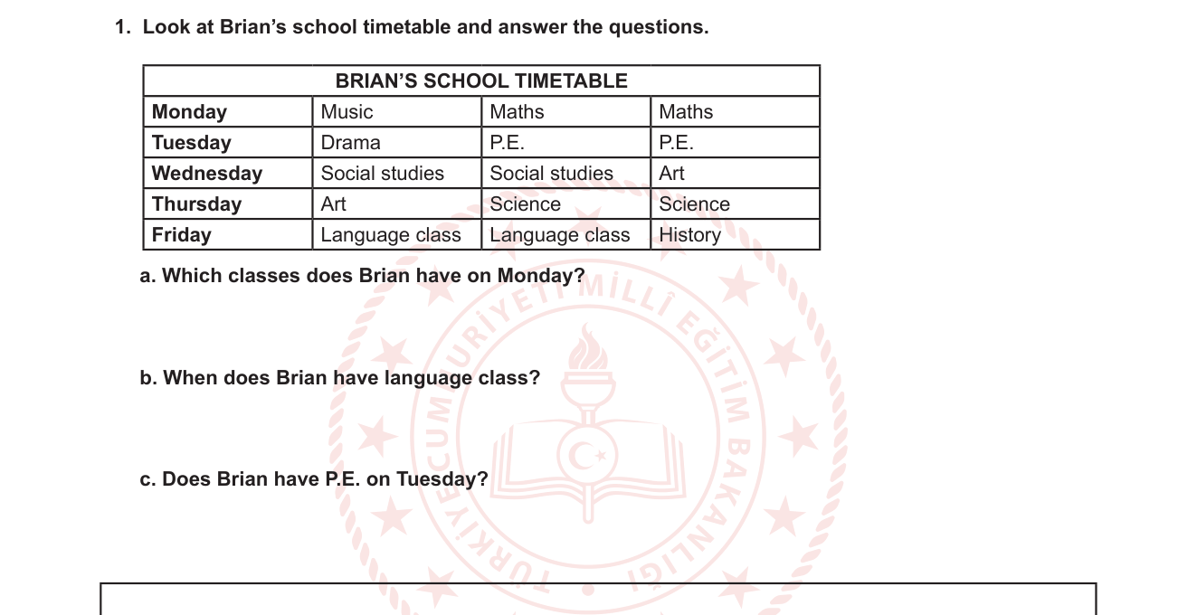 İngilizce sorusu 9 — School subjects / Days of the week / Timetable reading