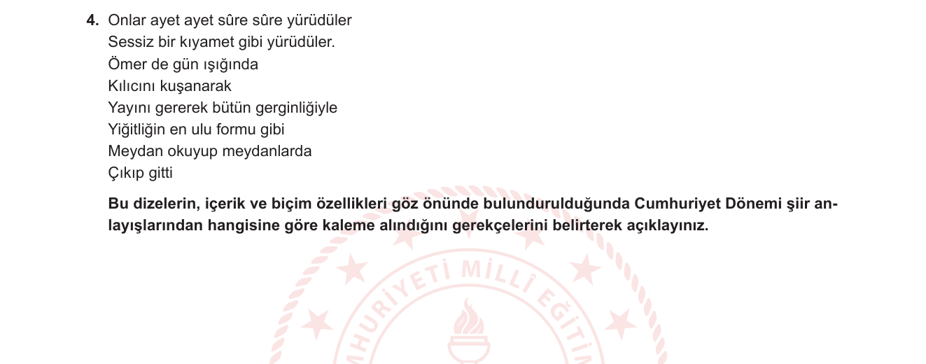 Türk Dili ve Edebiyatı sorusu 8 — Cumhuriyet Dönemi şiiri — Millî/Epik şiir anlayışı — biçim ve içerik analizi