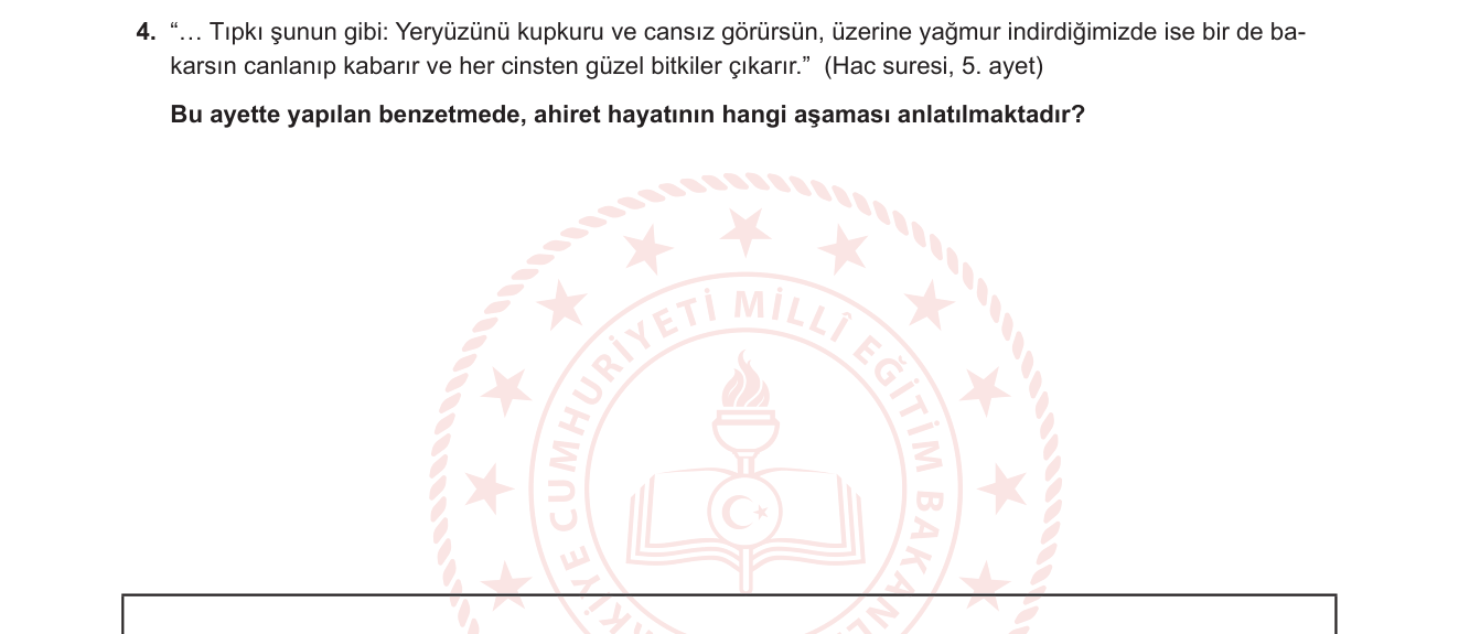 Din Kültürü ve Ahlak Bilgisi sorusu 11 — Ahiret İnancı — Ba's (Diriliş) / Hac Suresi