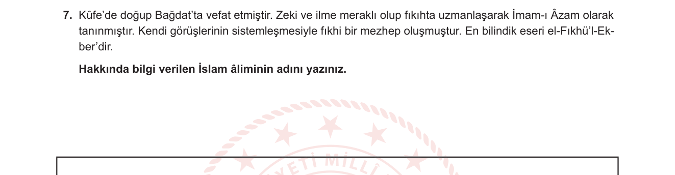 Din Kültürü ve Ahlak Bilgisi sorusu 14 — İslam'da Fıkıh ve Mezhepler / Ebu Hanife ve Hanefilik