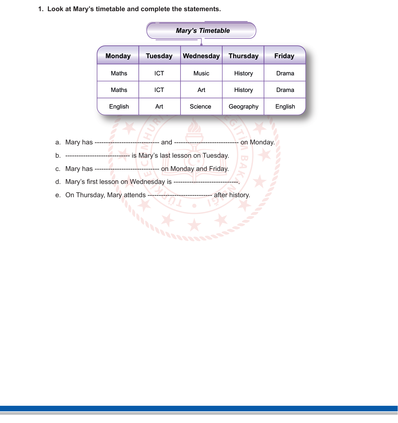 İngilizce sorusu 2 — Ders programı / Okul dersleri / Zaman ifadeleri (Timetable & School Subjects) — 5. Sınıf İngilizce