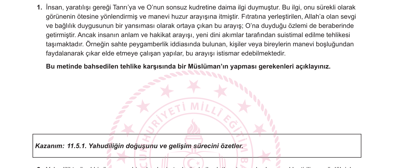Din Kültürü ve Ahlak Bilgisi sorusu 1 — Din Kültürü ve Ahlak Bilgisi – 11. Sınıf / Yeni Dini Akımlar, Dini İstismar, Peygamberlik (Hatemu'l-Enbiya)