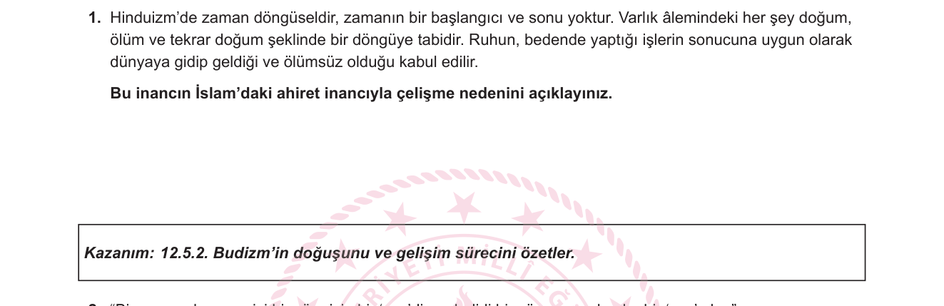 Din Kültürü ve Ahlak Bilgisi sorusu 1 — 12. Sınıf Din Kültürü ve Ahlak Bilgisi — Dünya Dinleri: Hinduizm ve İslam'da Ahiret İnancı (Kazanım bağlamı: Budizm ünitesi, ancak soru Hinduizm-İslam karşılaştırması içeriyor)