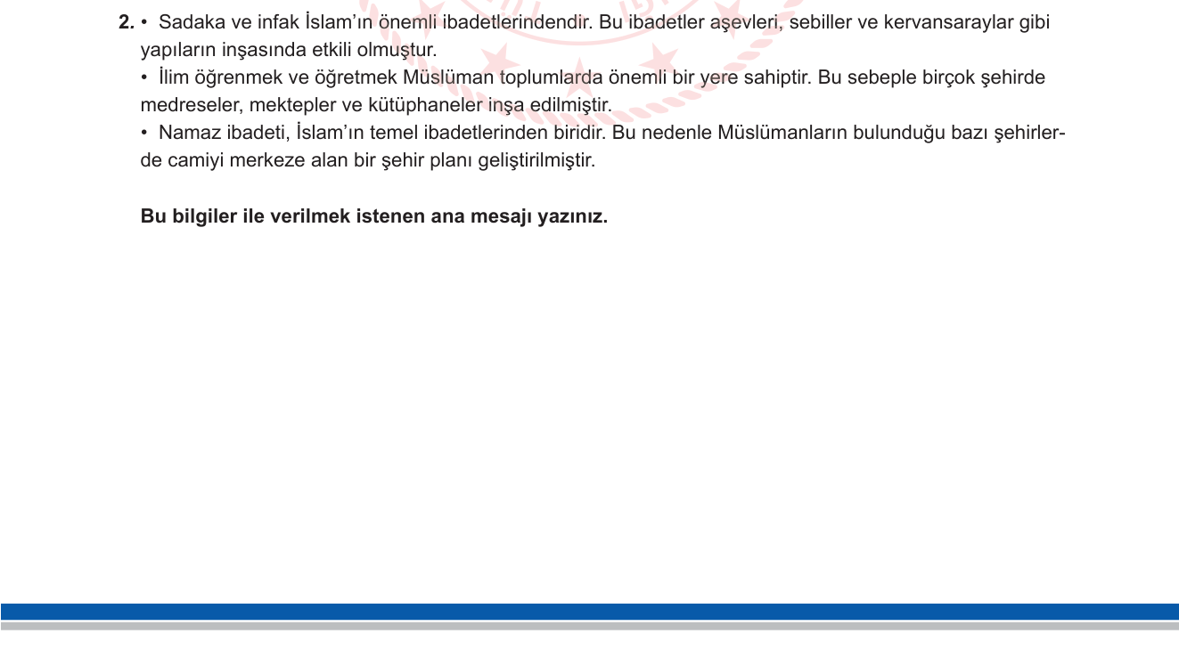 Din Kültürü ve Ahlak Bilgisi sorusu 1 — İslam'ın Temel İbadetleri ve Toplumsal Hayata Yansımaları (5. Sınıf Din Kültürü)