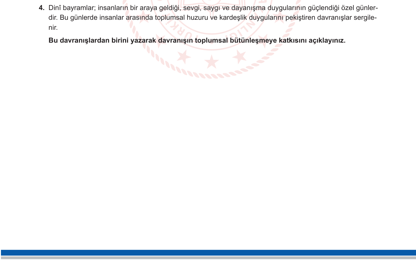 Din Kültürü ve Ahlak Bilgisi sorusu 4 — Dinî Bayramlar ve Toplumsal Bütünleşme (6. Sınıf Din Kültürü ve Ahlak Bilgisi)