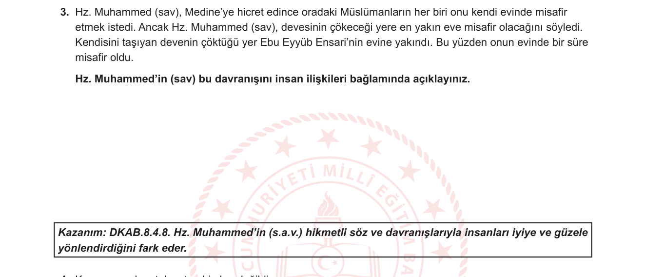 Din Kültürü ve Ahlak Bilgisi sorusu 3 — Hz. Muhammed'in (sav) Hayatı — Hicret Dönemi, İnsan İlişkileri ve Ahlaki Değerler (8. Sınıf DKAB)
