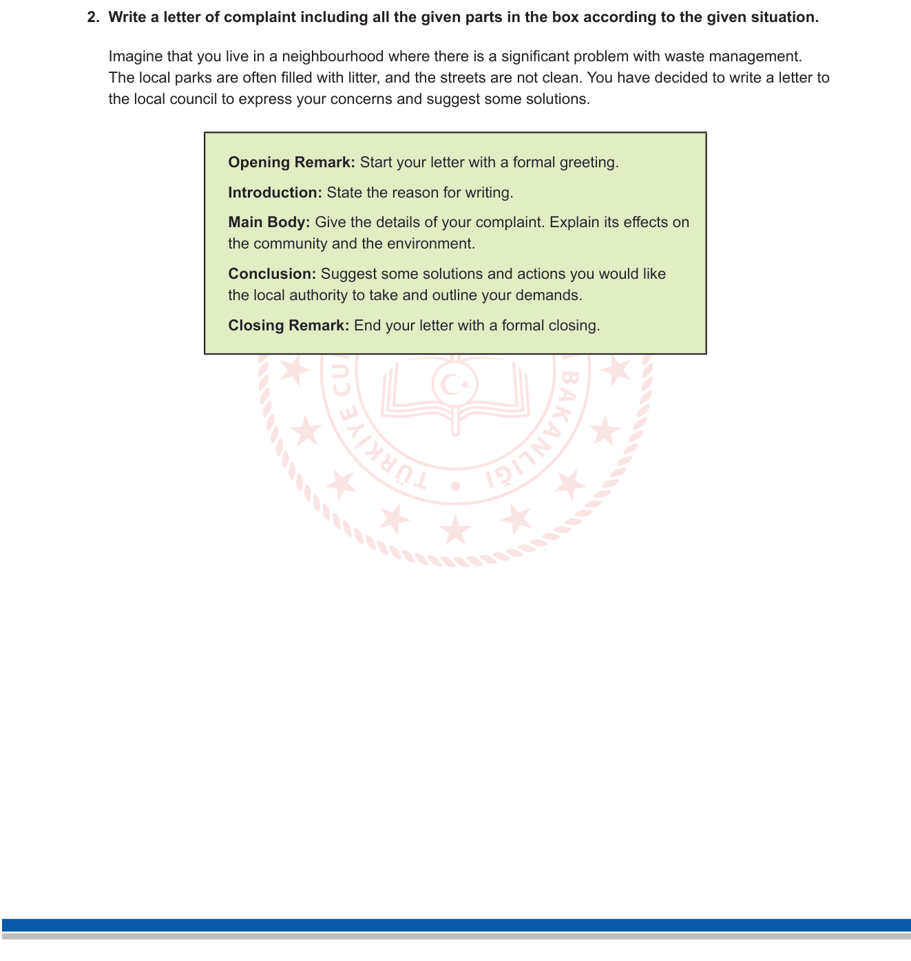 İngilizce sorusu 2 — Writing — Formal Letter of Complaint (12. Sınıf İngilizce)