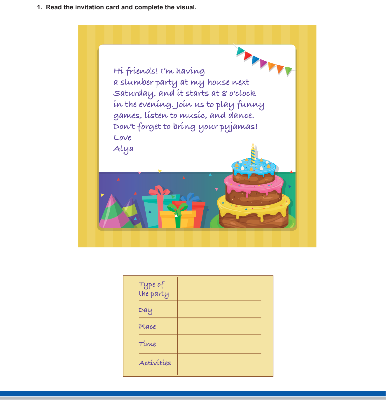 İngilizce sorusu 1 — İngilizce 5. Sınıf — Reading Comprehension / Parties & Social Events (MEB Ünitesi: Free Time & Fun / Celebrations)