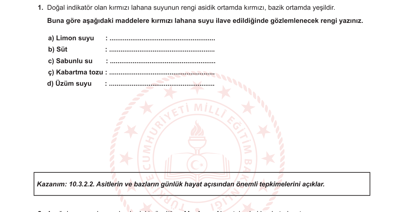 Kimya sorusu 1 — Asitler ve Bazlar — Doğal İndikatörler (10. Sınıf Kimya, Ünite 3)