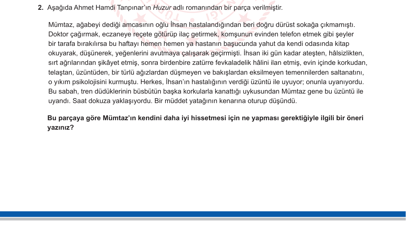 Türk Dili ve Edebiyatı sorusu 2 — Metinden Anlam Çıkarma / Açık Uçlu Yorum ve Öneri Yazma (Roman - Ahmet Hamdi Tanpınar, Huzur)